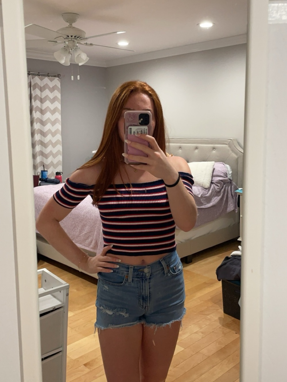 Striped Off-Shoulder Crop Top in Navy, Red, and White